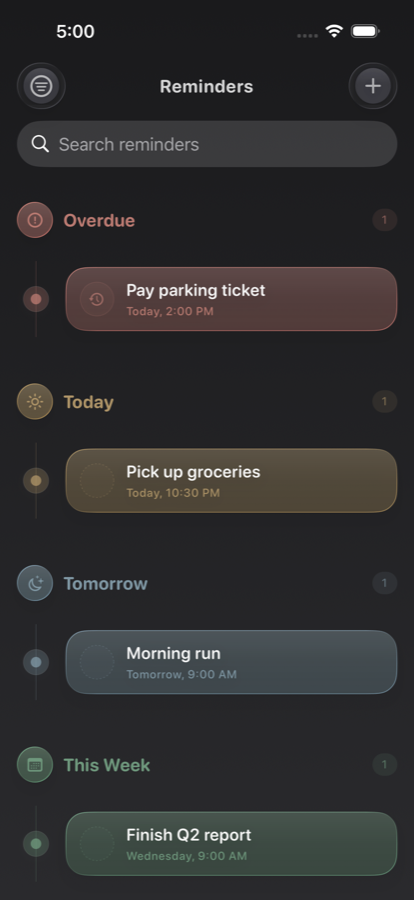 Remylo dark mode reminder list